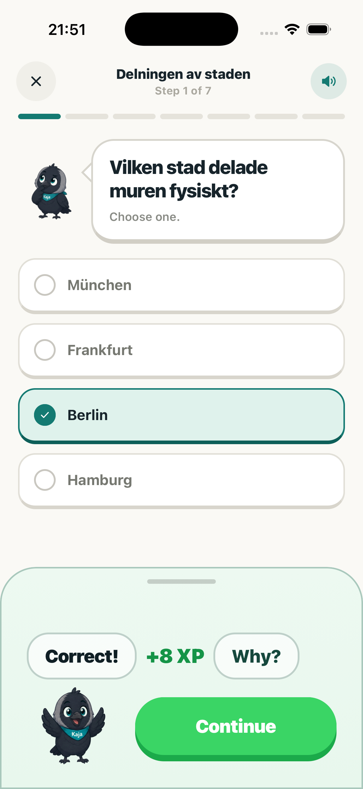 Kaja app showing an interactive quiz with feedback